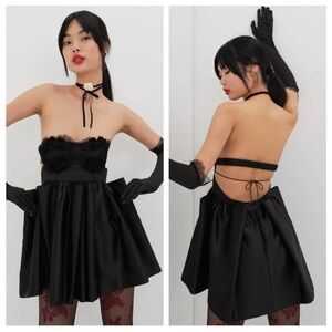 NWT For Love & Lemons Virginia Satin Lace Babydoll Strapless Dress with Gloves M